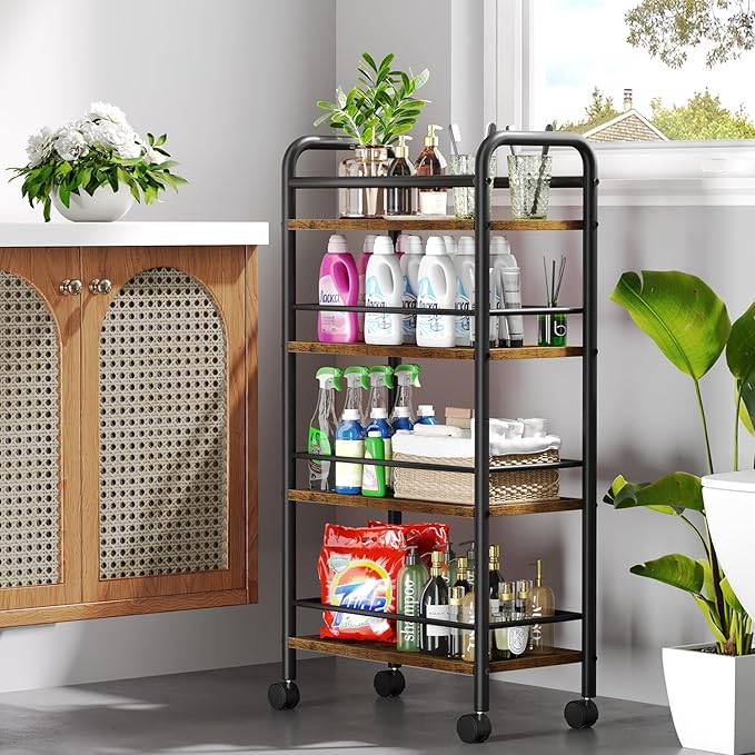 Slim Storage Cart, 4 Tier Small Rolling Bathroom cart Metal and Wood Skinny Utility Cart on Wheels for Narrow Kitchen Laundry Room Rustic Brown