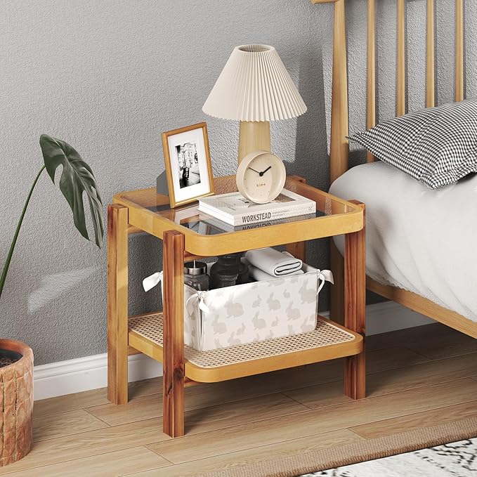 GOFLAME Rattan End Table, Boho Nightstand with Tempered Glass Top, Rattan Storage Shelf, Solid Wood Legs, Sofa Side Accent Table, 2 Tier Glass Side Table for Living Room, Bedroom, Natural
