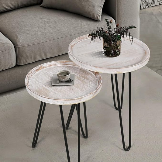 Oakrain Nesting Tables for Living Room, Round Nesting Coffee Table, Farmhouse End Tables Living Room, Bedroom, Small Coffee Table (Distressed White)