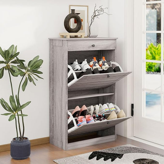Shoe Storage Cabinet with 2 Flip Drawers, Narrow Freestanding Hidden Shoe Rack Cabinet, Pet-Proof Shoe Organizer for Closet, Entryway, Hallway, Wash Grey-NeatNest