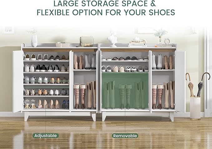 Large Shoe Storage Cabinet Set of 2, 43.7" Tall Shoe Cabinet, Fluted White Shoe Storage for Entryway, 6-Tier Farmhouse Boho Freestanding Shoe Rack Organizer for Foyer, Hallway-NeatNest
