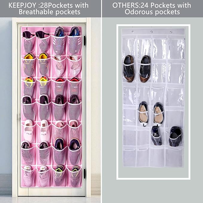 KEEPJOY 28 Pocket Over The Door Shoe Organizer, 2Pack Hanging Shoe Organizer for Door, Hanging Door Shoe Holder Rack with Mesh Pockets Large Size 65 x 23 inch (Pink-2Pack)-NeatNest