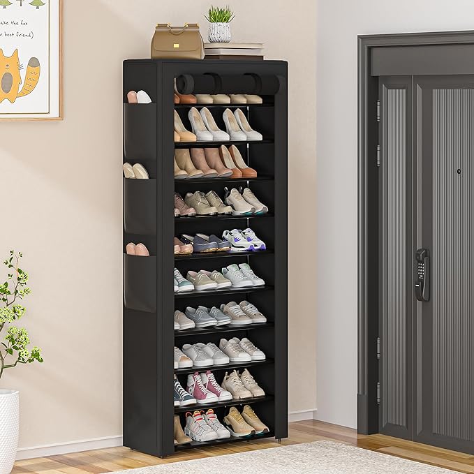 Large Shoe Rack, Black, 6 Side Pockets, 23.6" Wide x 11.4" Deep x 68.9" Tall, 36-41 Pairs of Shoes-NeatNest