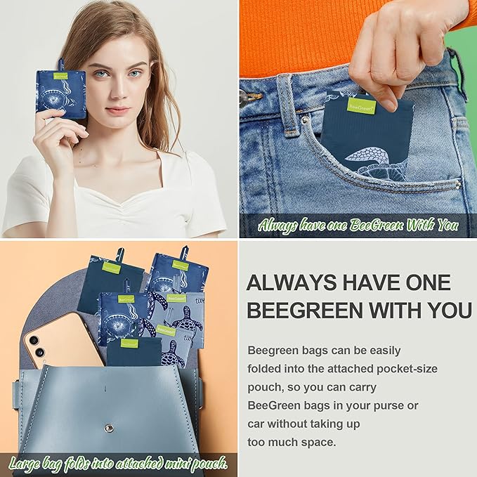 BeeGreen Sea Turtle Reusable Grocery Bags Large Tote Bag With Handles, Bulk Gift Foldable Shopping Bags for Women 6 Pack, Cute Cloth Bag, Heavy Duty, Washable For Beach, Holiday, Travel And Groceries-NeatNest