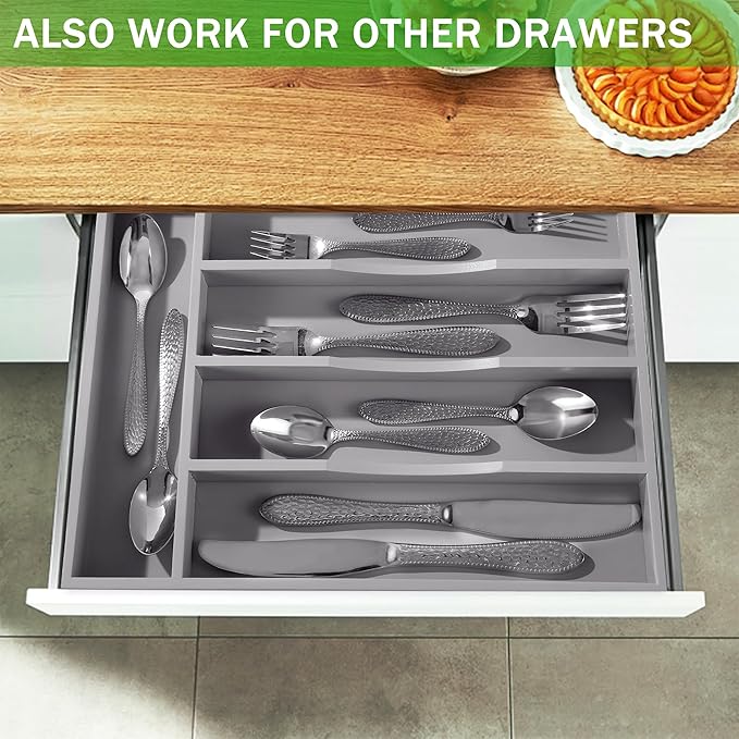 Greenual Gray Silverware Organizer 10 In Utensil Organizer Silverware Tray for Drawer Cutlery Flatware Organizer for Kitchen Bamboo Wood-NeatNest