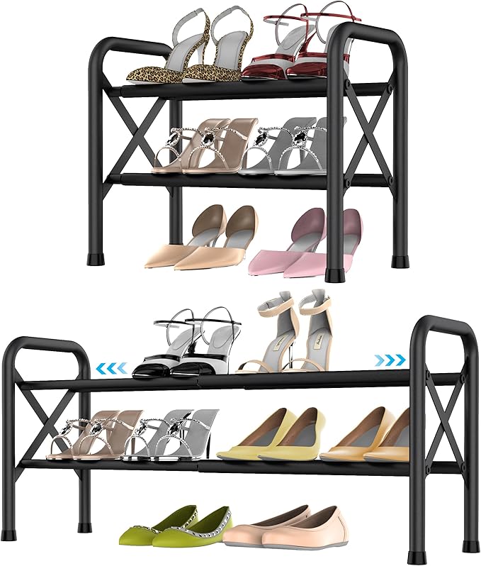 2-Tier Expandable Shoe Rack for Closet, Adjustable Shoe Organizer Metal Shoe Shelf for Entryway, Garage & Corridor, Free Standing Shoe Holders, Easy to Assemble-NeatNest