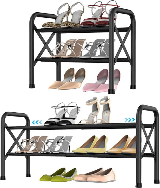 2-Tier Expandable Shoe Rack for Closet, Adjustable Shoe Organizer Metal Shoe Shelf for Entryway, Garage & Corridor, Free Standing Shoe Holders, Easy to Assemble-NeatNest