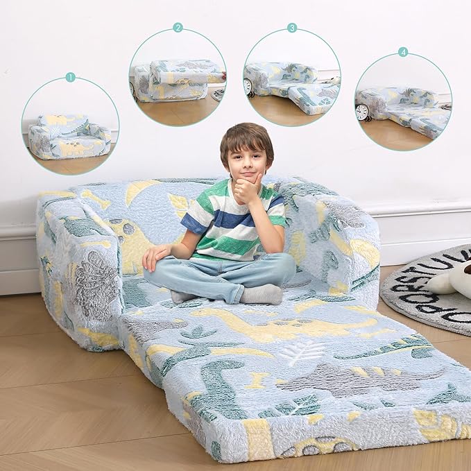 Foldable Kids Sofa Extra Wide for 2 Seats,Soft Kids Fold Out Couch Glow in The Dark,Convertible Sofa to Lounger Toddler Sofa Chair(Dinosaur)-NeatNest