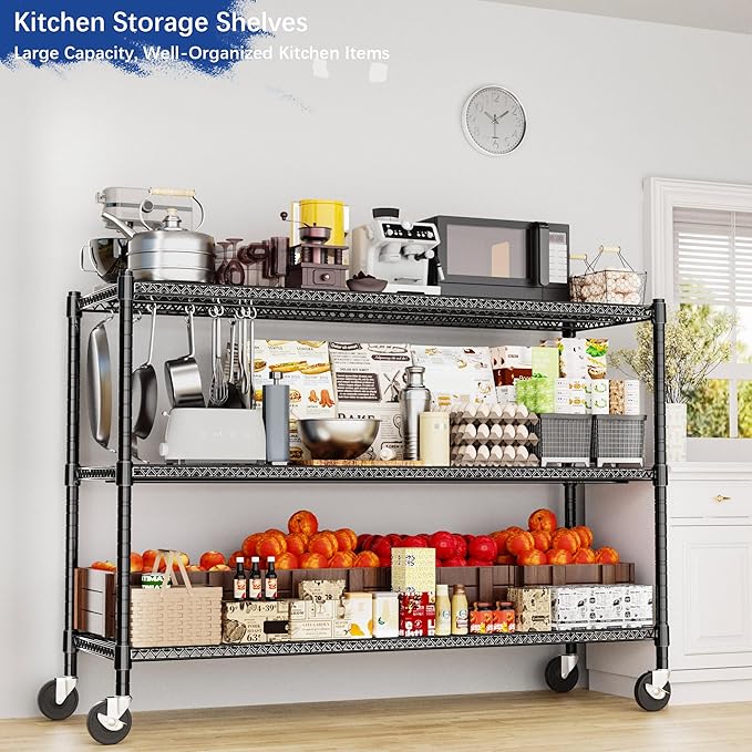 GIOTORENT 3-Tier Heavy Duty Storage Shelves with Wheels, 59.6" W x 24" D x 51.6" H, 1500LB Capacity Mobile Metal Shelving Unit, 1IN Adjustable Height for Garage & Warehouse, Black