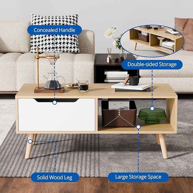 Cozy Castle Modern Wooden Coffee Table with Storage, Minimalist Hallway Mid Century Cocktail Table for Living Room Apartment Reception, Oak-NeatNest