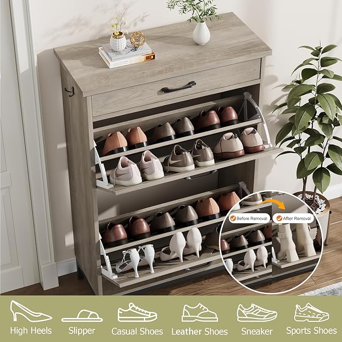 Shoe Storage Cabinet with 2 Flip Drawers, Narrow Shoe Cabinet for Entryway with 1 Top Drawer, Freestanding Hidden Shoe Rack Cabinet with Metal Legs for Foyer, Hallway (Grey)-NeatNest