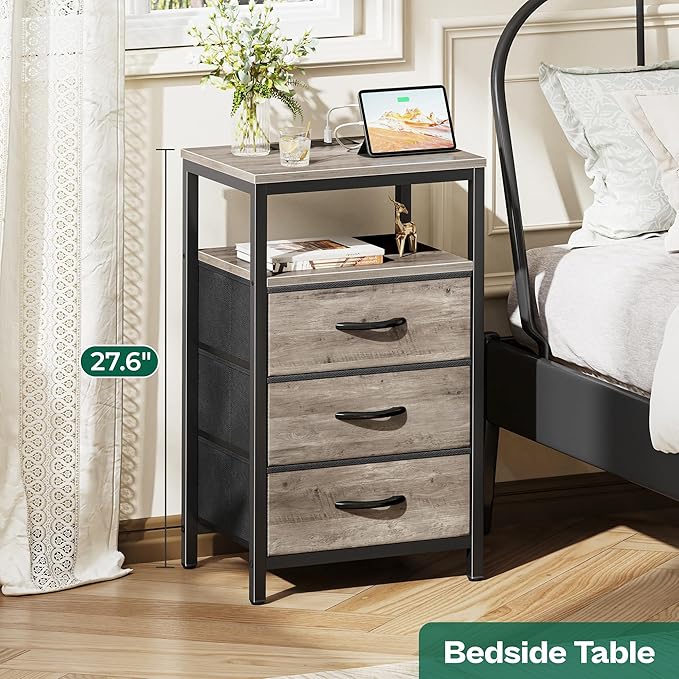 Huuger Nightstand with Charging Station, 27.6 Inch End Table Bedside Table with USB Ports and Outlets, Night Stand for Bedroom, Fabric Drawers, Oak