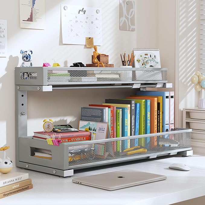 1 Pack 20.47IN Depth Under Sink Storage Organizer, Large 2-Tier Elegant Mesh Pull Out Shelf for Kitchen and Bathroom Cabinet Organization, L-Shaped and Adjustable Height Design-Gun Gray-NeatNest