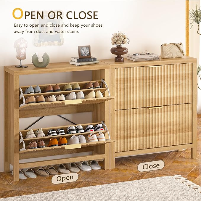 Shoe Cabinet Storage for Entryway, Fluted Shoe Cabinet with 2 Flip Drawers, Hidden Shoe Rack Tall Freestanding Shoe Organizer with Legs for Hallway, Wood-NeatNest
