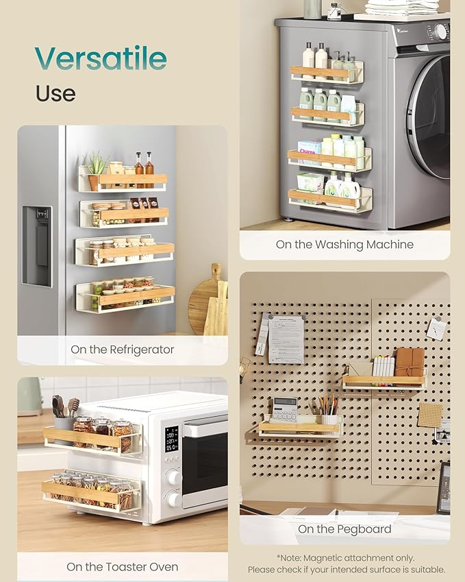 SONGMICS Magnetic Spice Rack for Refrigerator, 4 Pack, 2 Large and 2 Small Kitchen Magnetic Shelves for Washing Machine, Spice Organizers, No Drilling Needed, Cream White and Light Bamboo UKCS062WD01