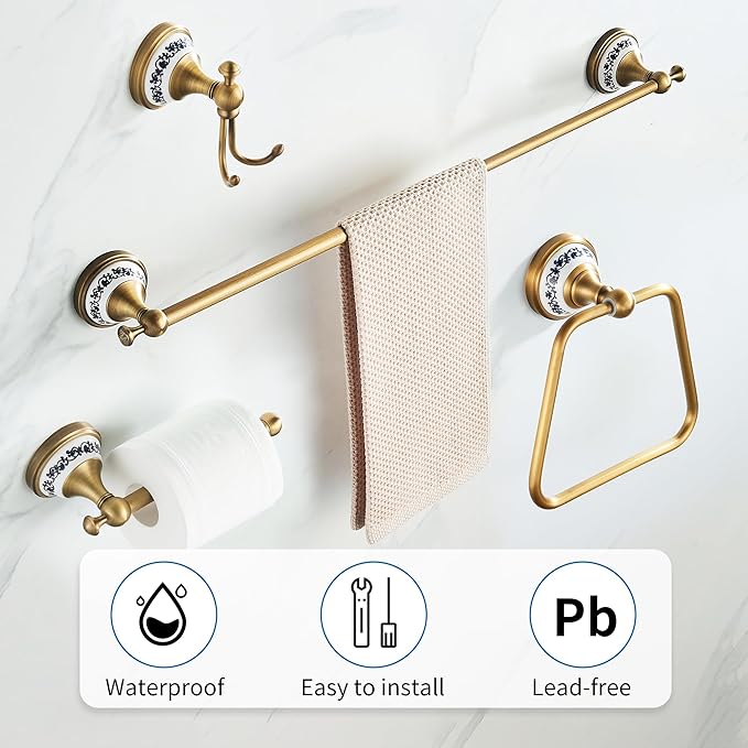 Antique Bronze Bathroom Hardware Set,Adjustable Towel Rack, Toilet Roll Paper Holder,Hand Towel Holder,Hook, Bathroom Accessories Set Wall Mounted,Porcelain Design