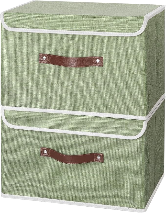 ANMINY 2PCS Storage Bins with Lid PU Leather Handles Storage Boxes PP Plastic Board Decorative Foldable Lidded Cotton Linen Fabric Home Cubes Baskets Closet Organizer Containers - Green, Large Size-NeatNest