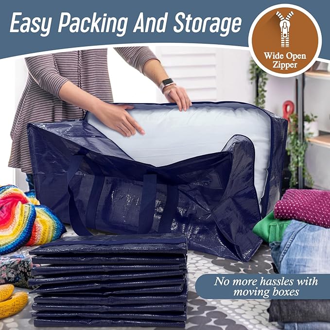 12 Pack Extra Heavy Duty Large Moving Bags with Strong Zipper & Comfortable Handles, Sturdy & Durable Clothes Storage Bags Totes Bins, Packing Moving Boxes for College Supplies, Dark Blue-NeatNest