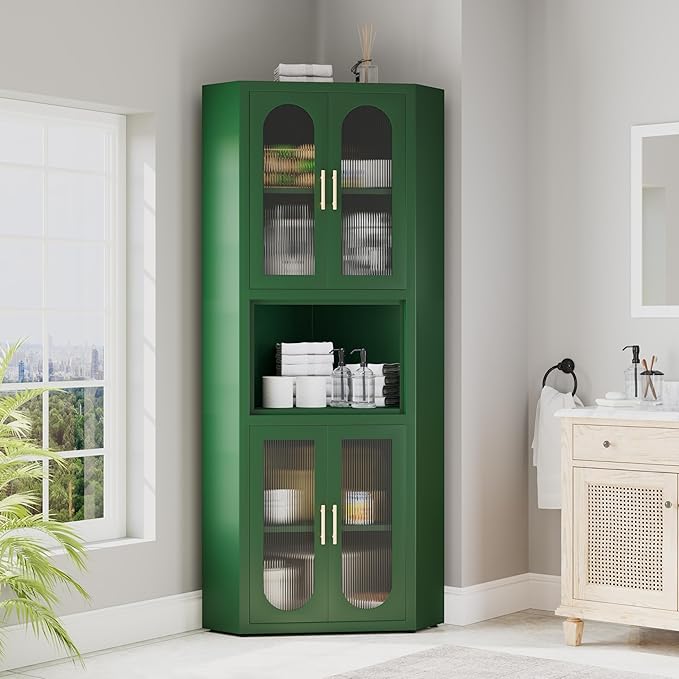64" Tall Metal Corner Storage Cabinet with Acrylic Glass Doors ＆ Open Display Storage Shelves, Farmhouse Corner Pantry Storage Cupboard for Kitchen, Laundry Room, Bathroom or Bedroom (Green)