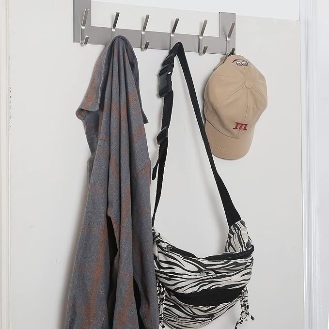 SKOLOO Over The Door Hook, Brushed Nickel, No Assembly Required, Door Coat Rack for Entryway, Over Door Towel Hooks for Bathroom, Coat Hooks for Hanging Coats, Backpack, Jacket, Robes, Pack of 2