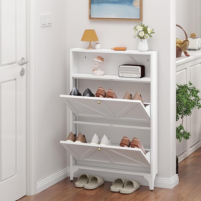 Shoe Cabinet with 2 Flip Drawers, Farmhouse Shoe Organizer, Narrow Shoe Rack Cabinet, Freestanding Shoe Storage Cabinet with Open Storage for Entryway, Foyer, Hallway, White