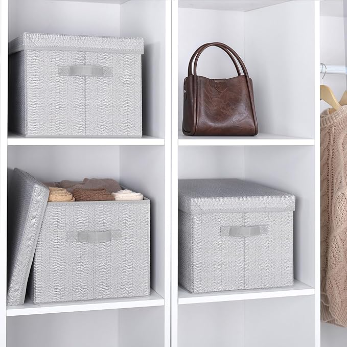WUIKE 3 Pack Extra Large Foldable Storage Bins with Lids, Fabric Storage Bins for Home and Closet Organization, Herringbone Gray-NeatNest