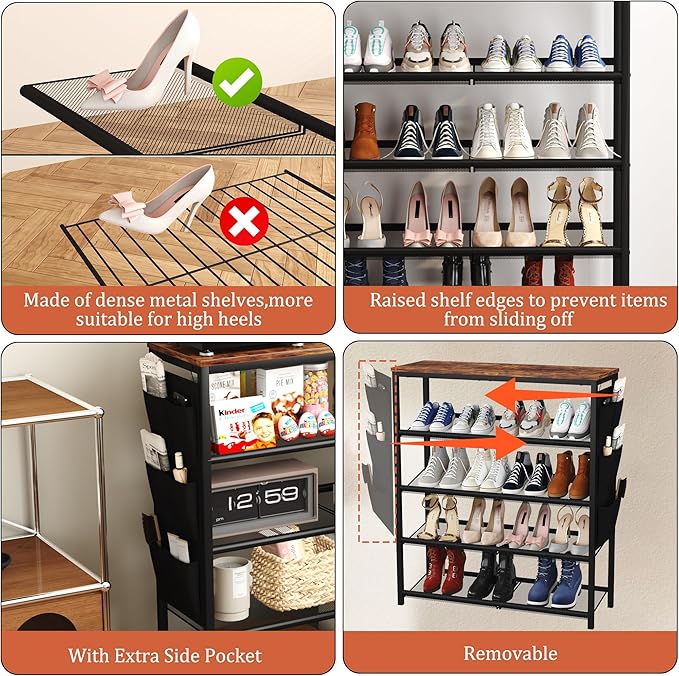 HOMEFORT 5 Tiers Shoe Rack for Entryway,30" Shoe Storage Shelf for Closet, Shoe Organizer with Adjustable Mesh Shelves, for 15-20 Pairs of Shoes, Industrial Shoe Stand with Side Pocket, Rustic Brown