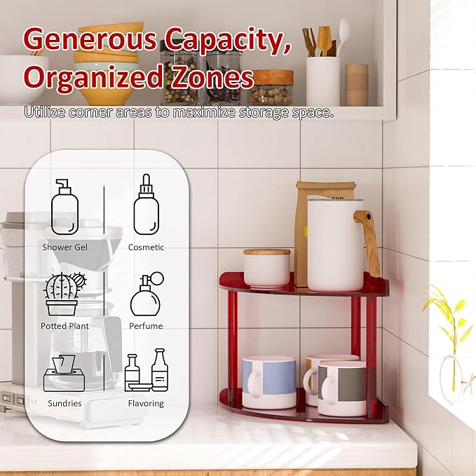 2 Tier Acrylic Corner Shelf Organizer Storage 9.5x9.5x8 Inch, Red Countertop Corner Shelf for Bathroom, Kitchen, Bedroom, Office, Study Room-NeatNest