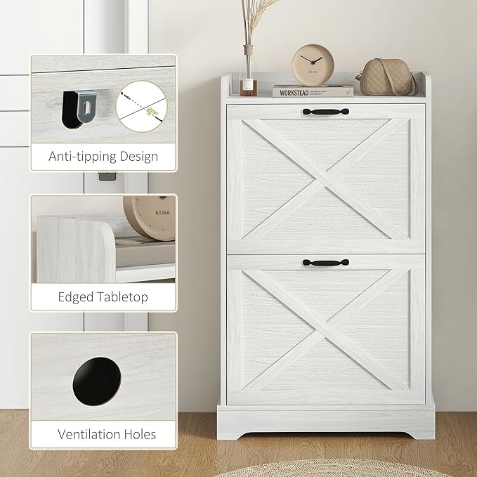 HOMCOM Slim Shoe Cabinet for Entryway, Farmhouse Hidden Shoe Storage Cabinet with 2 Flip Drawers and Adjustable Shelves for 8 Pairs of Shoes, Distressed White