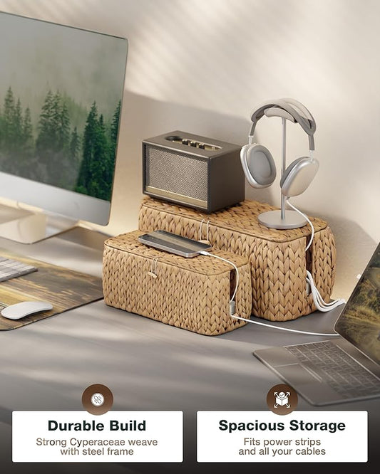 BLUEWEST Set of 2 Cable Management Box, Water Hyacinth Organizer Box, Durable Rattan Cable Organizer with Dual Open Slots for Desk, TV, and Office Cords, Hides Power Strips, USB Hubs, and Wires-NeatNest