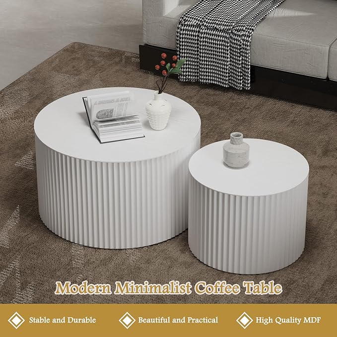 Round Coffee Table Set of 2 Modern Nesting Coffee Tables Wooden Drum Coffee Tables with Non-Slip Feet, Circle Nesting Tables End Table for Living Room Office, No Assembly (White 27.56"+19.69")