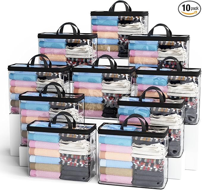 10PACK Clear Zippered Storage Bag for Clothes, 22L Clear Storage Bags, and Blanket Storage Bags for Bedding, Linen, Blankets, Comforters, Clothing & Toys (Black)-NeatNest