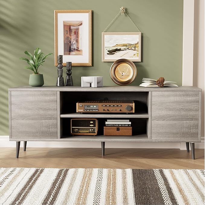 JUMMICO TV Stand for 65 Inch TV, Mid Century Modern TV Stand, Entertainment Center with Storage Cabinet and Open Shelves, TV Console Table Media Cabinet for Living Room, Bedroom and Office (Gray)-NeatNest