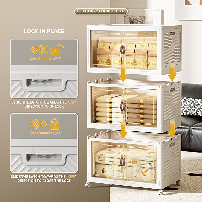 400 QT / 100 Gal Collapsible Storage Bins with Wheels & Magnetic Doors - Stackable Plastic Cabinet Organizer for Home, Garage, Closet (White Space-Saving Containers)-NeatNest