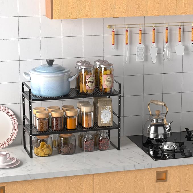 Cabinet Organizer Shelves,Expandable Spice Racks,Stackable Storage Shelves Space Saving for Countertop,Cabinet,Organization,Pantry,Bathroom Organization,Black,2 Packs-NeatNest