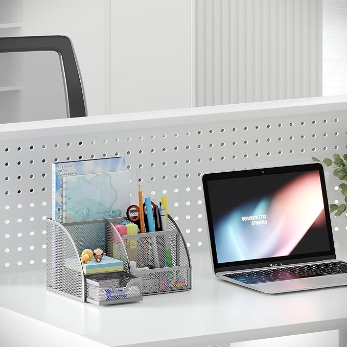 EasyPAG Mesh Desk Organizer, Multi-functional Stationery Organizer for School Supplies, Office Pen Holder for Desk, 6 Compartments Dorm Organization with Drawer, Silver