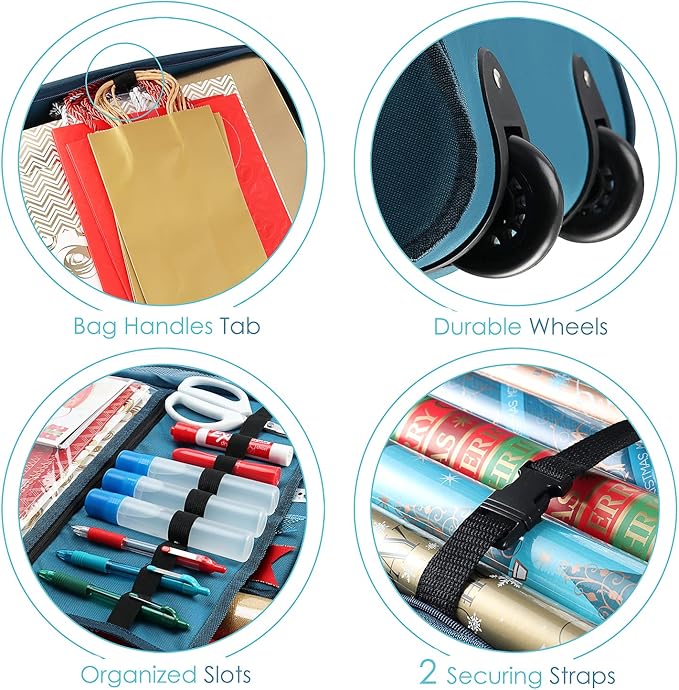 Hearth & Harbor Wrapping Paper Storage Container with Ribbon Dispenser and Interior Pockets - Large Christmas Storage Containers with Wheels, Fits 30 Rolls of 40" Length, Blue-NeatNest