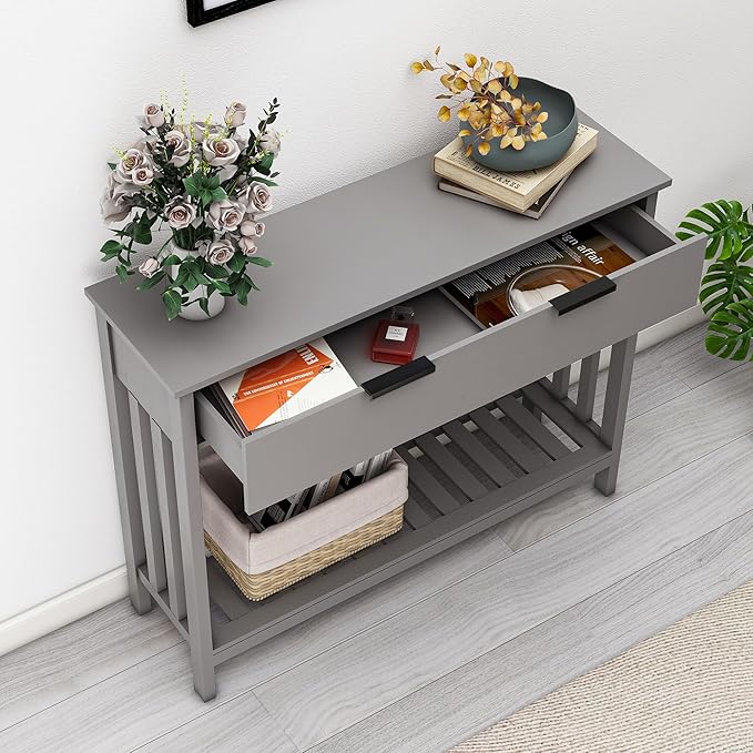 Entryway Table Console Table with Drawer and Storage Shelf, Narrow Sofa Table Entrance Enter Way Hallway Foyer Behind Couch Table (Gray with Drawer)-NeatNest