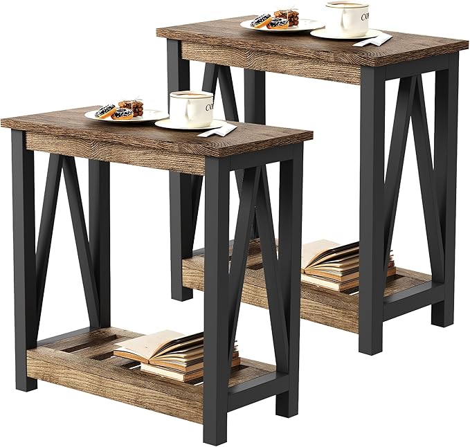 ChooChoo Farmhouse End Table Set of 2, Rustic Vintage Narrow End Side Table with Storage Shelf for Small Spaces for Living Room, Bedroom Rustic Oak & Black-NeatNest