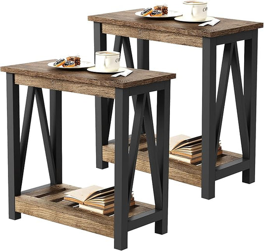 ChooChoo Farmhouse End Table Set of 2, Rustic Vintage Narrow End Side Table with Storage Shelf for Small Spaces for Living Room, Bedroom Rustic Oak & Black-NeatNest