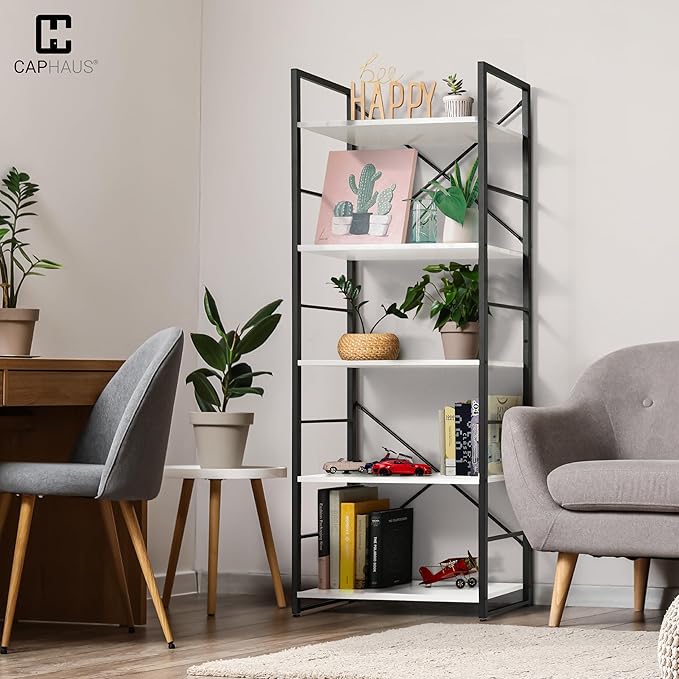CAPHAUS 5 Tier Bookshelf, 24 Inch Width Free Standing Shelf, Bookcase Shelf Storage Organizer, Industrial Book Shelves for Home Office, Living Room, Kitchen, White Shelves & Metal Frame-NeatNest