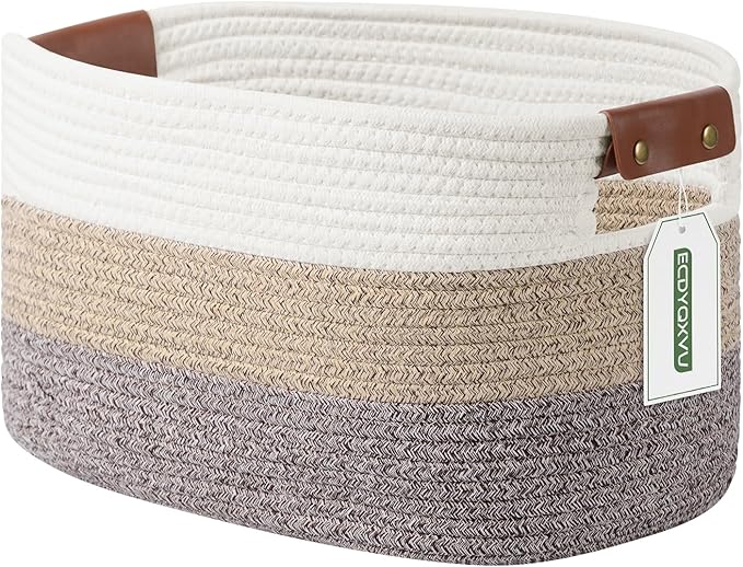 Cotton Rope Basket , Storage Baskets with Handle, 15x10x9 Inch Woven Basket for Shelves, Laundry, Towels, Clothes, Books, Toys (Gradient Brown 1 Pack)-NeatNest
