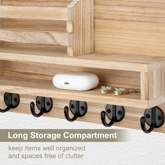 Key and Mail Holder Wall Mount, Key Hanger with Long Storage Box and 5 Hooks for Coat, Dog Leash, Home Decor Rack, House Accessories, Entry Way Organizer 11.8”W x 7.8”H x 3.2”D