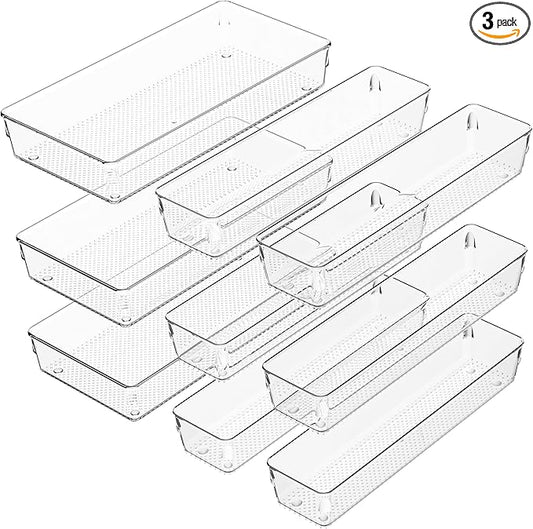 ihomecooker 3 Pack Clear Plastic Drawer Organizer Tray Cutlery Utensil Makeups Drawer Silverware Organizers 12" X 6"&12＂X3＂(9Pack)-NeatNest