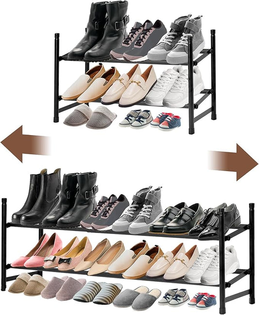 ikloo 2-tier Shoe Rack for Closet and Entryway | Expandable and Stackable Shoes Organizer for Small Spaces | Adjustable Metal Shoe Shelf for Shoe Storage | Fit Up to 18 Pairs of Shoes | Black-NeatNest