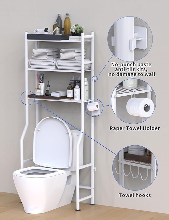 3-Tier Over The Toilet Storage, Freestanding Metal Bathroom Shelves with 4 Hooks, Over Toilet Storage Shelf with Paper Holder, Above The Toilet Shelf for Bathroom Storage, White-NeatNest