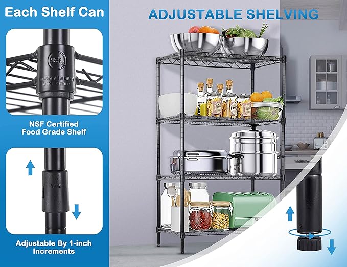 4-Tier Metal Wire Shelving Unit Kitchen Shelf Organizer Storage Rack Utility Shelf Snack Shelf, NSF Certified Storage Shelves for shelves Metal Shelving Shelves for Storage Shelf Pantry Shelves