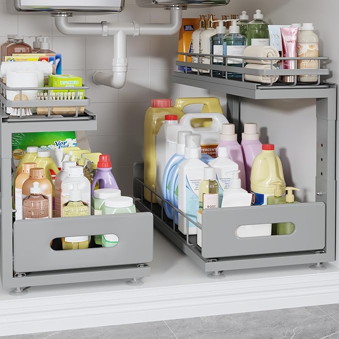 2 Pack 18 IN Depth Under Sink Organizer with Smooth Ball Bearing Slides,2-Tier Pull Out Cabinet Storage,Slide Out Drawers for Bathroom&Kitchen,Rust-resistant Coating,Height Adjustable-Gun Gray-NeatNest