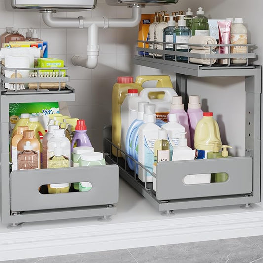 2 Pack 18 IN Depth Under Sink Organizer with Smooth Ball Bearing Slides,2-Tier Pull Out Cabinet Storage,Slide Out Drawers for Bathroom&Kitchen,Rust-resistant Coating,Height Adjustable-Gun Gray-NeatNest