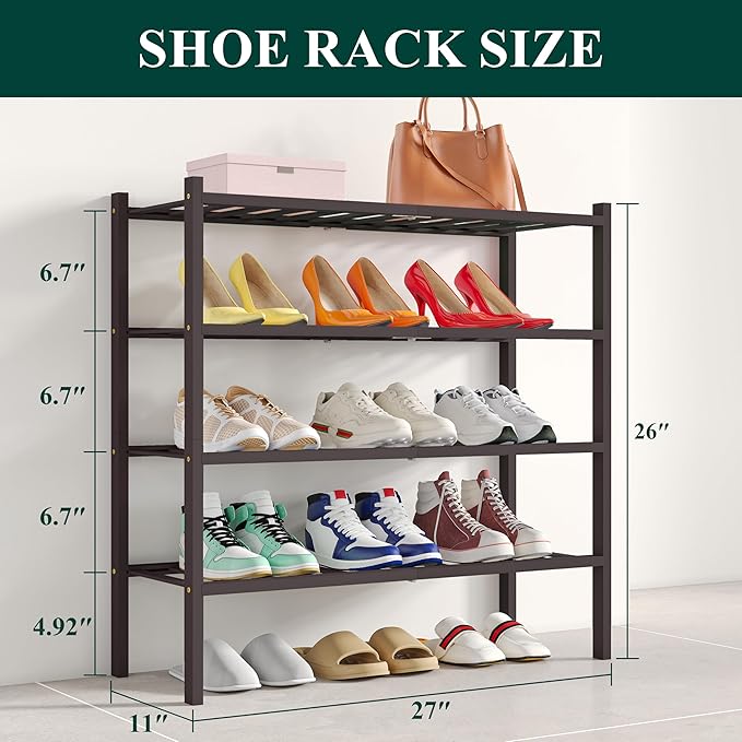 Smiry Shoe Rack, 4 Tier Bamboo Shoe Organizer, Stackable Free Standing Wooden Shoe Storage Shelf for Closet, Entryway, Front Door Entrance, Brown-NeatNest